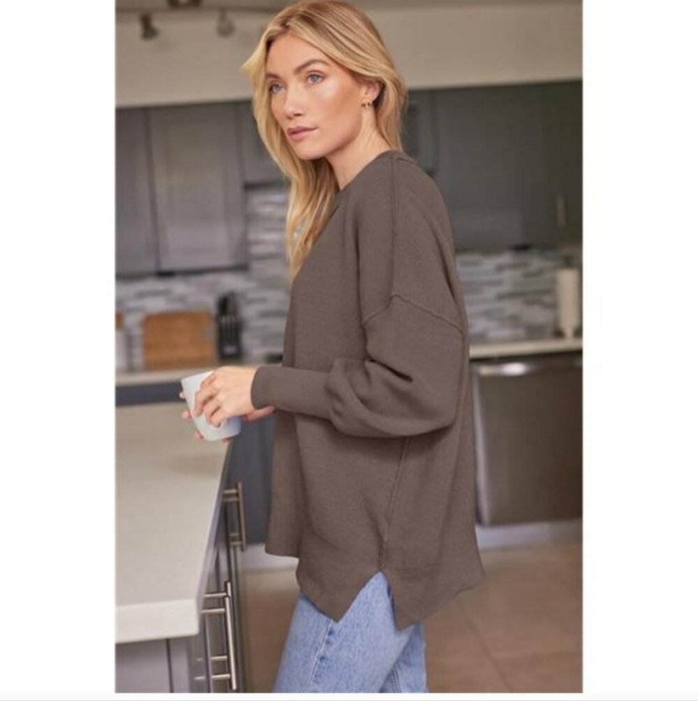 Lillusory Women's Brown Cozy Knit Drop Shoulder Crew Neck Sweater - Picture 8 of 8